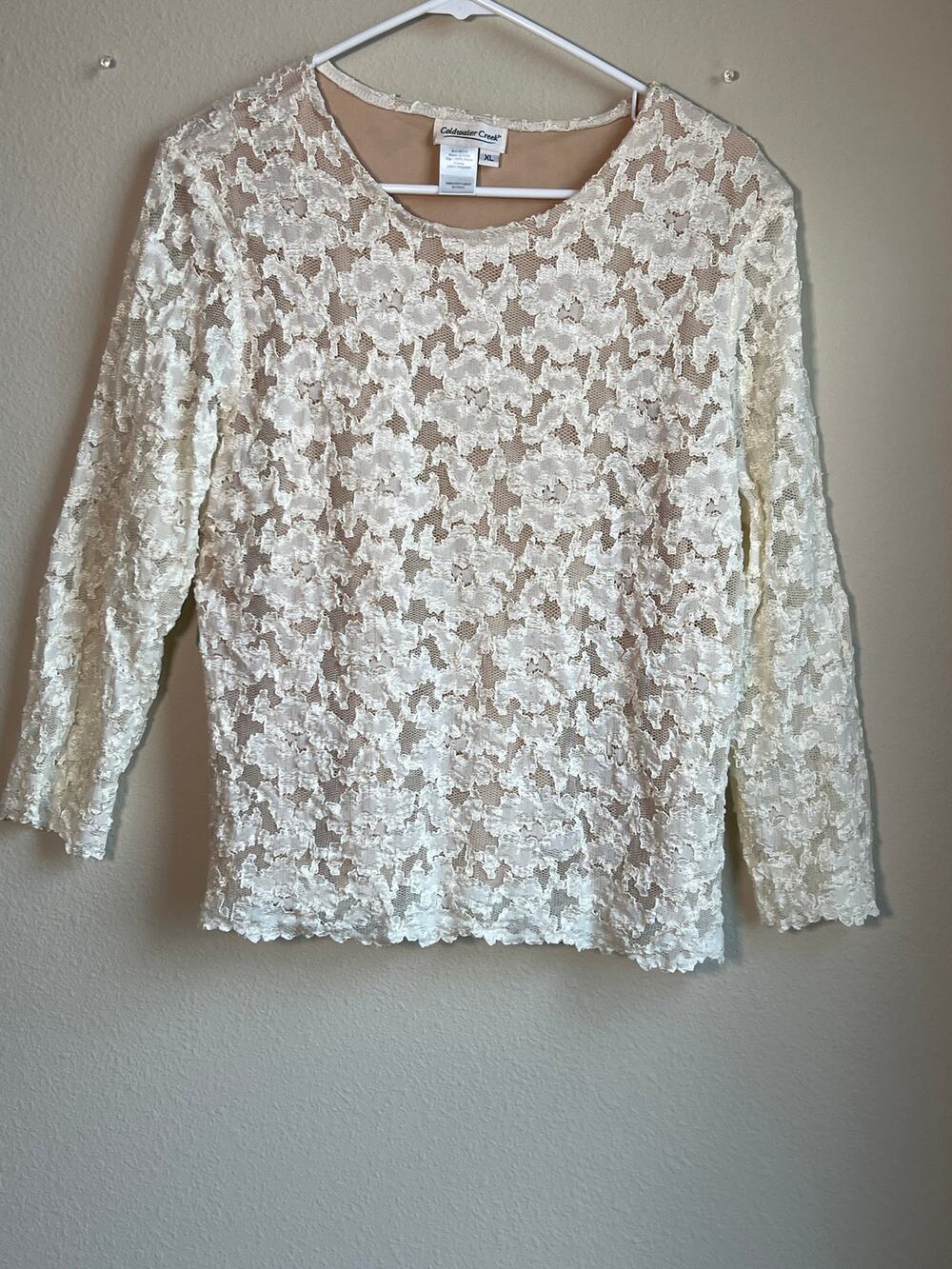 Coldwater Creek Size XL Ivory Floral Lace Top 3/4 Sleeve Lined Pullover Blouse